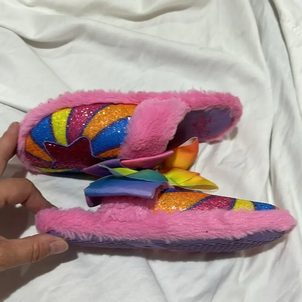 Rainbow slippers 13/1 worn once bows and glitter soft furry rubber soles
